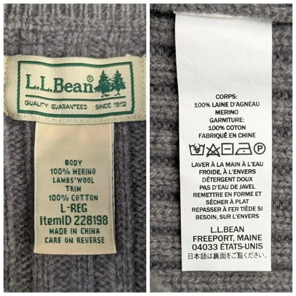 L.L.Bean Men’s Commando Henley Sweater L Gray Merino Lambswool Patches F237